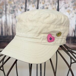 NEW Roxy Cream Cadet Cap Pink Buttons Patches One Size Adjustable
